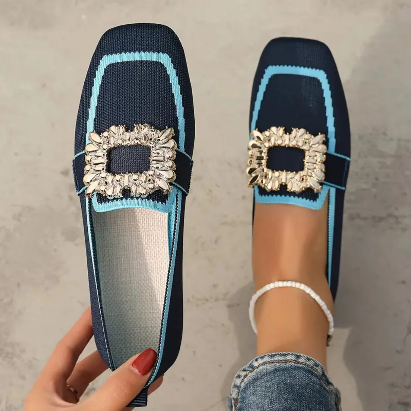 Elegant Knitting Slip-on Square Head Breathable Flat Loafers