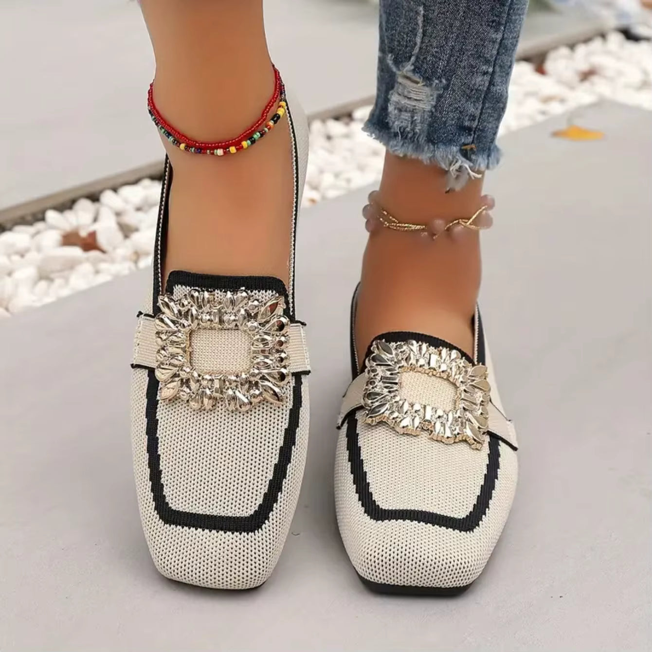 Elegant Knitting Slip-on Square Head Breathable Flat Loafers