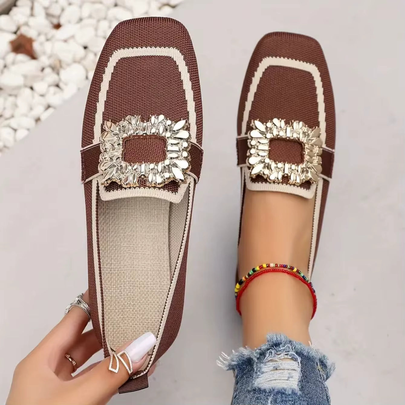 Elegant Knitting Slip-on Square Head Breathable Flat Loafers