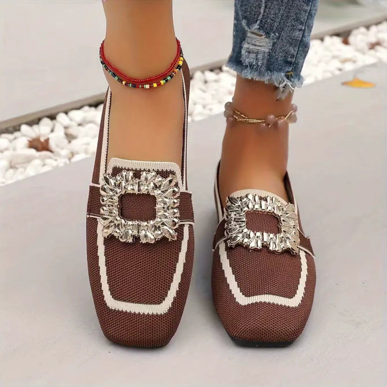 Elegant Knitting Slip-on Square Head Breathable Flat Loafers