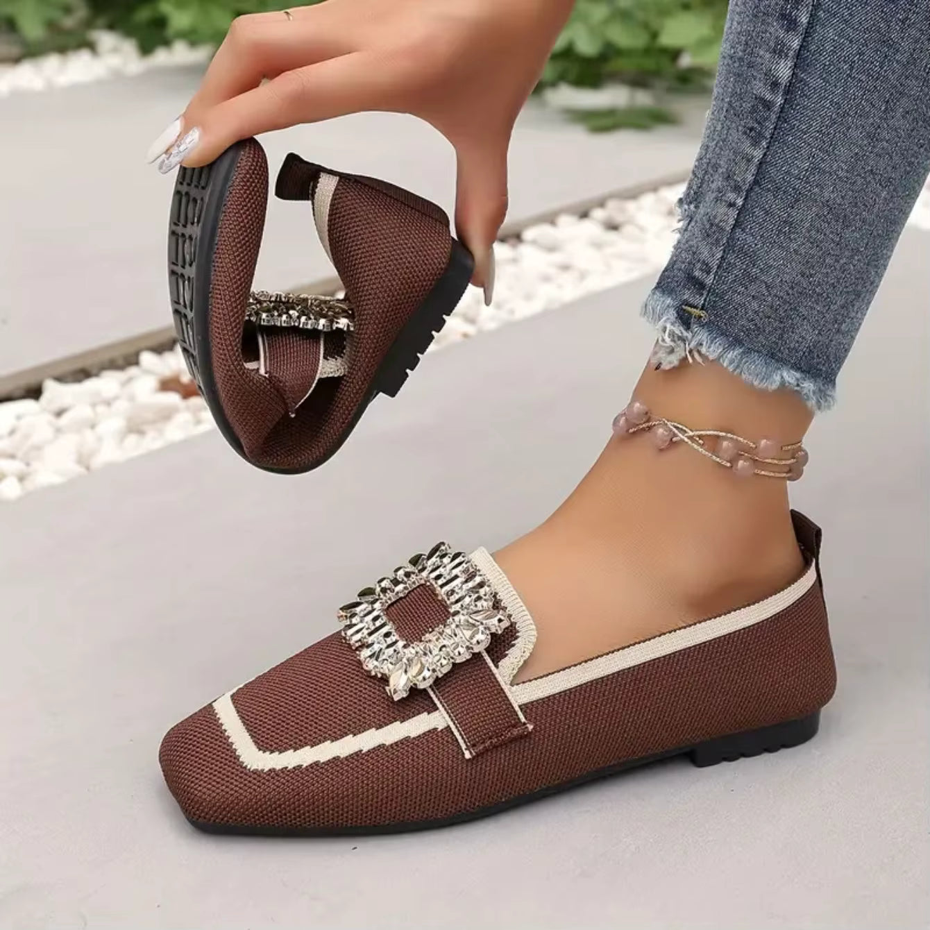 Elegant Knitting Slip-on Square Head Breathable Flat Loafers