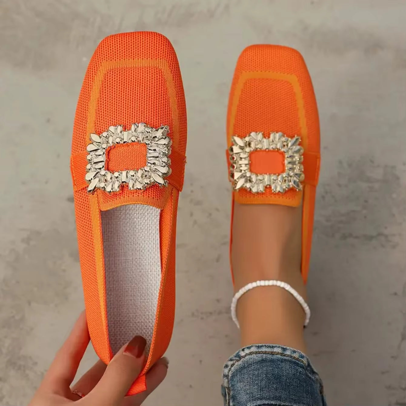 Elegant Knitting Slip-on Square Head Breathable Flat Loafers