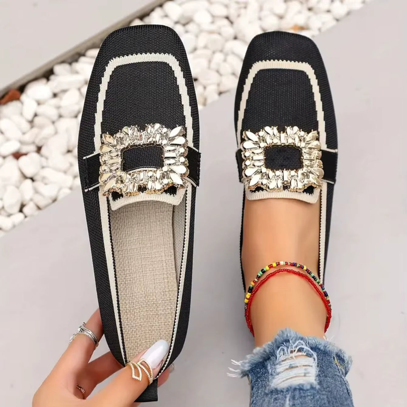 Elegant Knitting Slip-on Square Head Breathable Flat Loafers