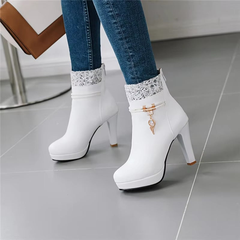 Elegant Lace Design Princess Platform Ankle High Heel Boots