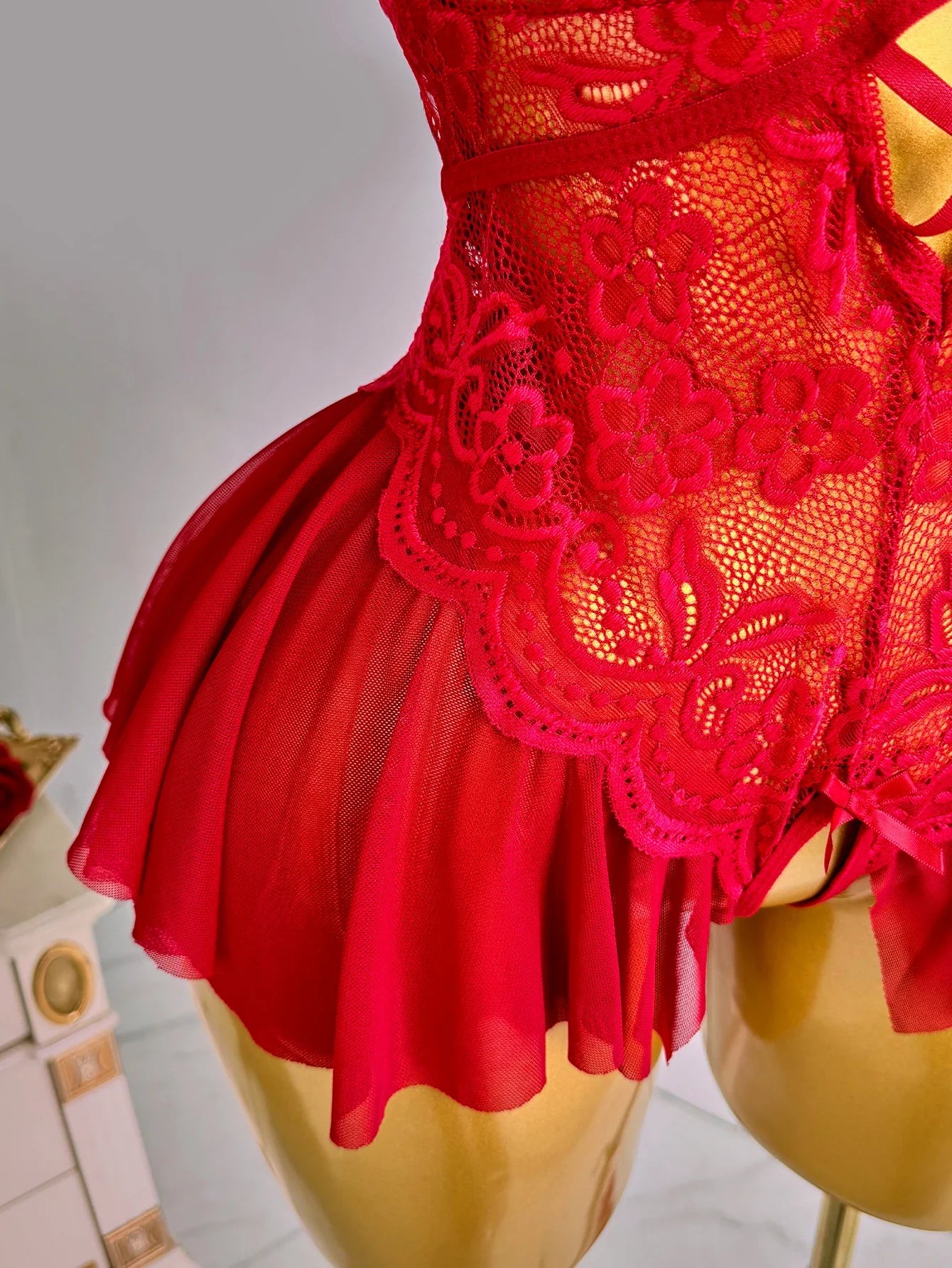 Elegant Lace Halter Neck Teddy Bodysuit With Bow Detail And Ruffled Hem Lingerie