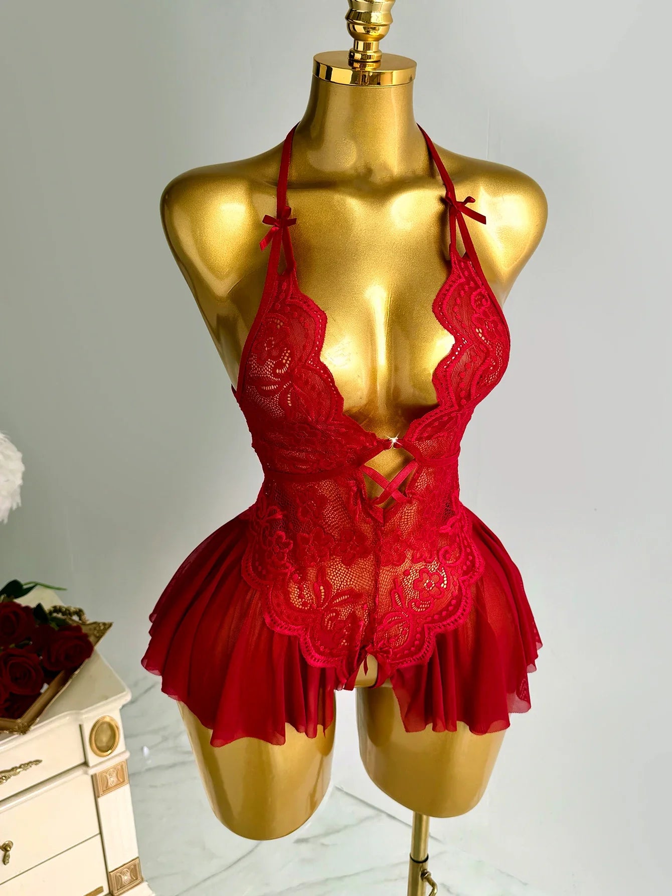 Elegant Lace Halter Neck Teddy Bodysuit With Bow Detail And Ruffled Hem Lingerie