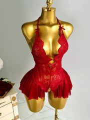 Elegant Lace Halter Neck Teddy Bodysuit With Bow Detail And Ruffled Hem Lingerie