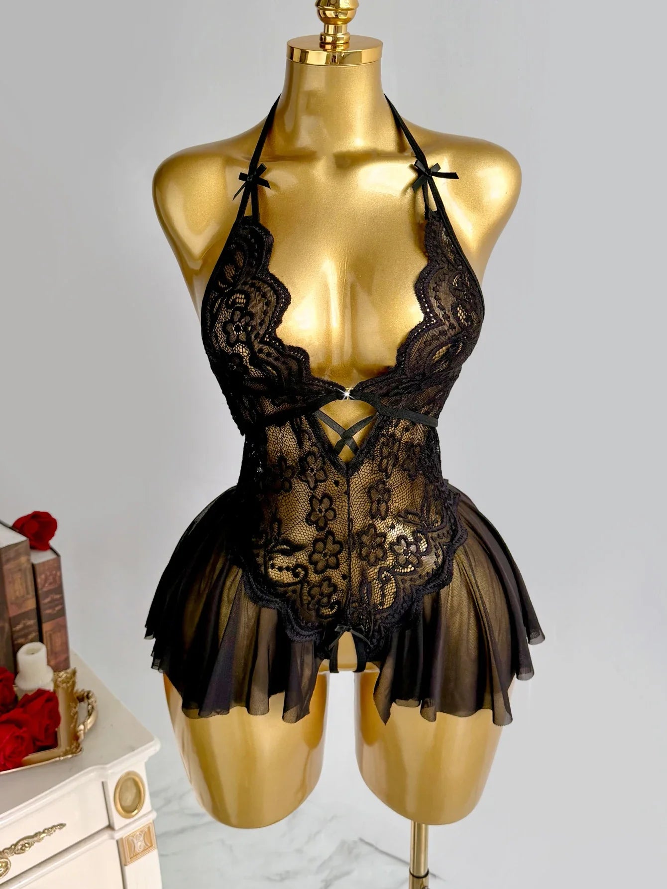 Elegant Lace Halter Neck Teddy Bodysuit With Bow Detail And Ruffled Hem Lingerie