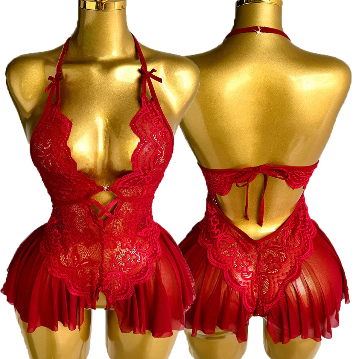 Elegant Lace Halter Neck Teddy Bodysuit With Bow Detail And Ruffled Hem Lingerie