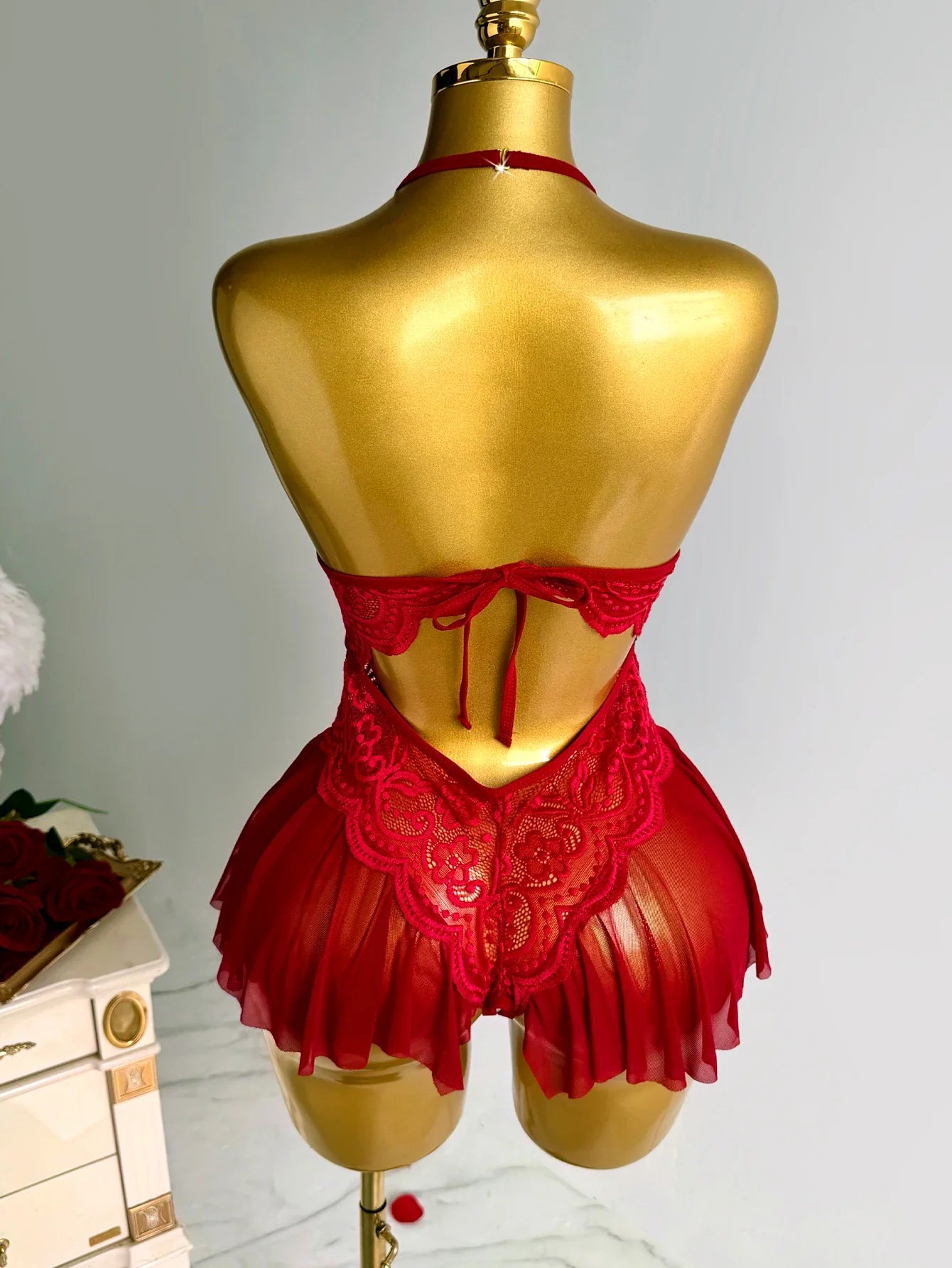 Elegant Lace Halter Neck Teddy Bodysuit With Bow Detail And Ruffled Hem Lingerie