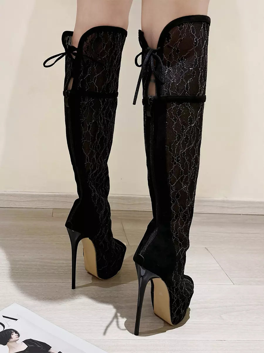 Elegant Lace Platform Peep Toe High Heel Thigh High Over The Knee Boots