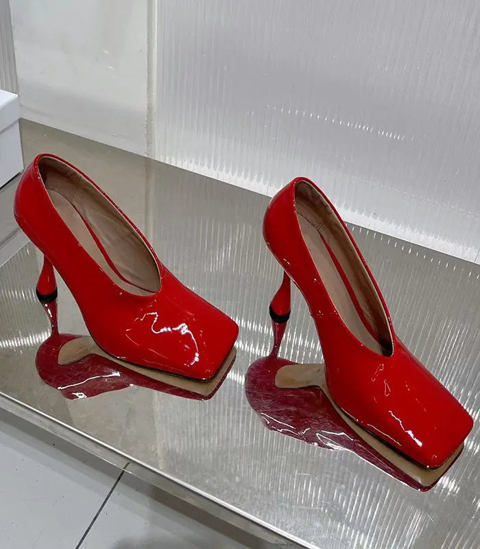Elegant Lacquer Leather Wedding Party Square Headed Thin High Heels