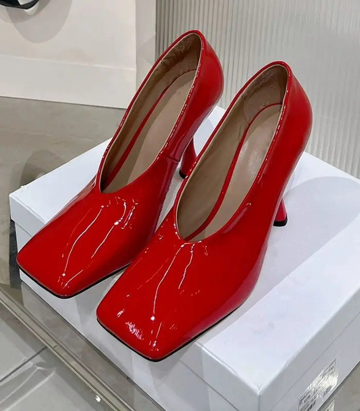 Elegant Lacquer Leather Wedding Party Square Headed Thin High Heels