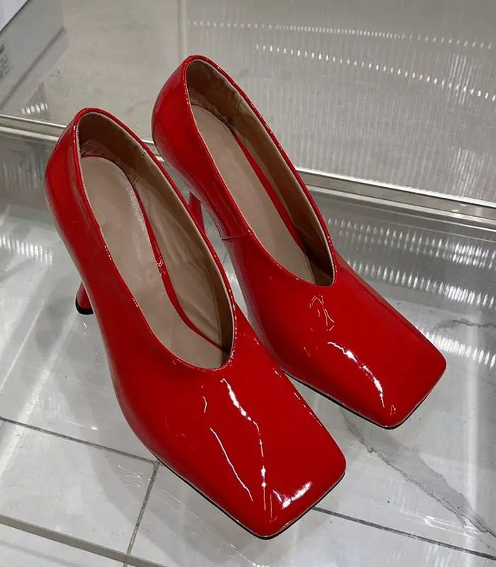 Elegant Lacquer Leather Wedding Party Square Headed Thin High Heels