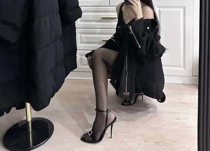 Elegant Leather Crystal Bling Rhinestone Buckle Sling-back High Heel Sandals