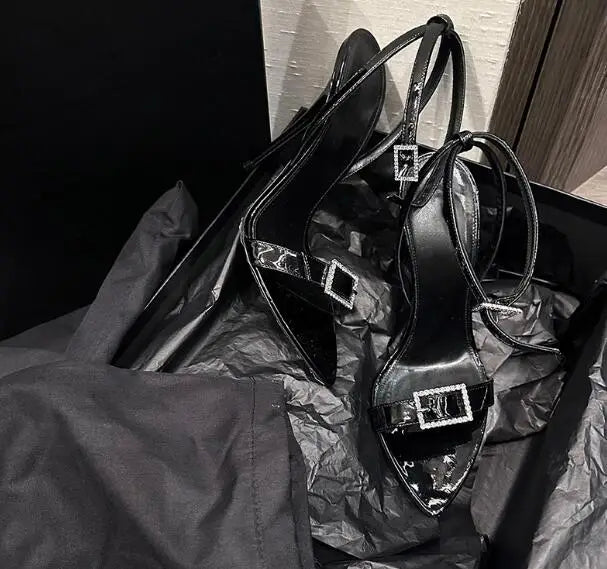 Elegant Leather Crystal Bling Rhinestone Buckle Sling-back High Heel Sandals