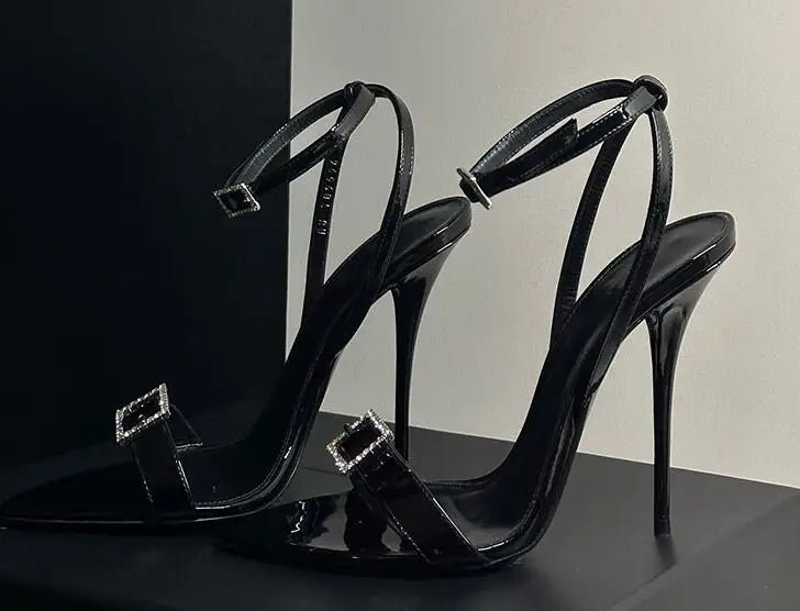 Elegant Leather Crystal Bling Rhinestone Buckle Sling-back High Heel Sandals