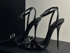 Elegant Leather Crystal Bling Rhinestone Buckle Sling-back High Heel Sandals