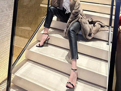 Elegant Leather Crystal Bling Rhinestone Buckle Sling-back High Heel Sandals
