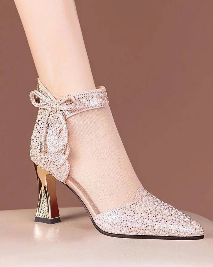 Elegant Leather Pointed Toe Hollow Out Back Zip Mesh High Heels Sandals