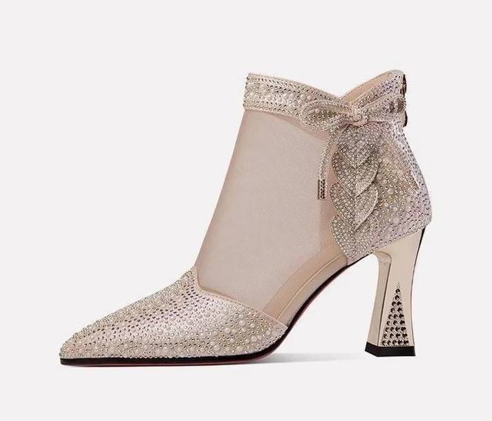 Elegant Leather Pointed Toe Hollow Out Back Zip Mesh High Heels Sandals