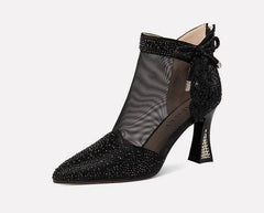 Elegant Leather Pointed Toe Hollow Out Back Zip Mesh High Heels Sandals