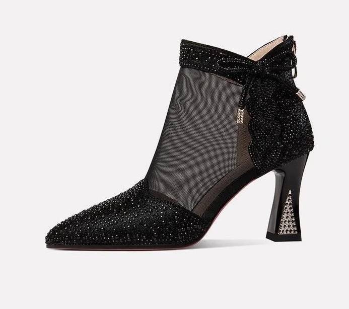 Elegant Leather Pointed Toe Hollow Out Back Zip Mesh High Heels Sandals