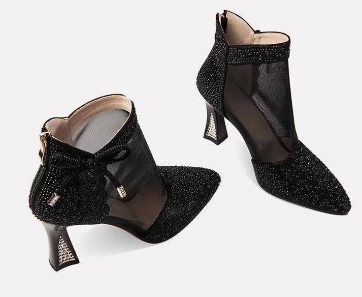Elegant Leather Pointed Toe Hollow Out Back Zip Mesh High Heels Sandals