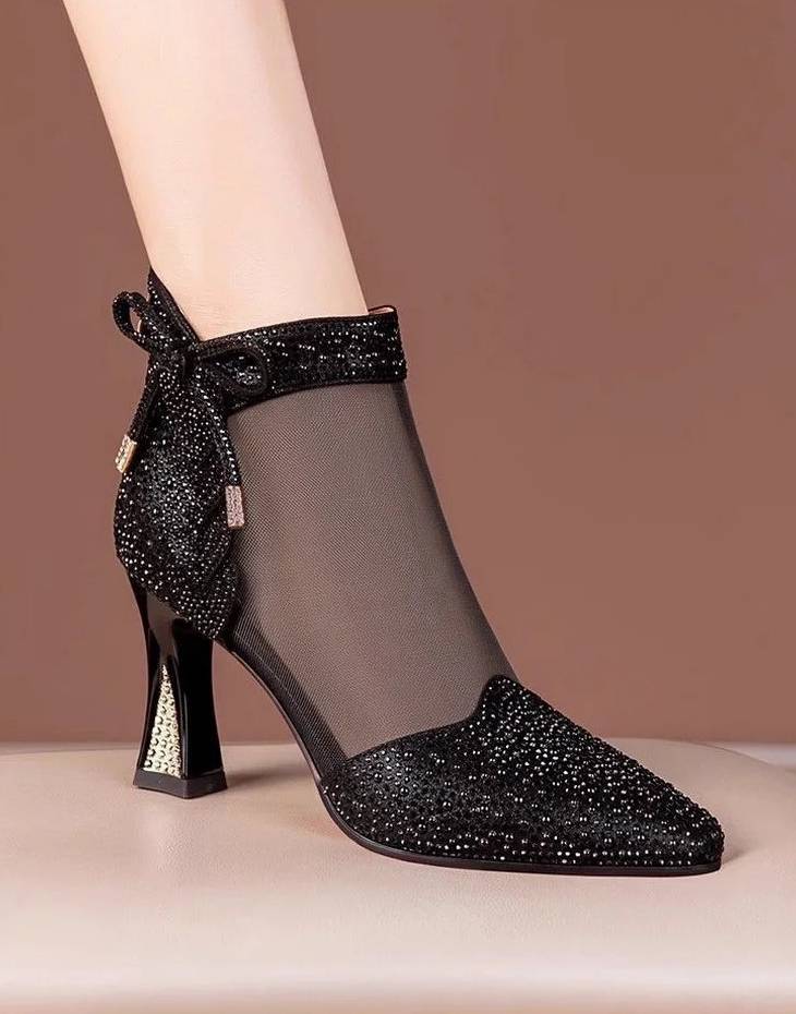Elegant Leather Pointed Toe Hollow Out Back Zip Mesh High Heels Sandals