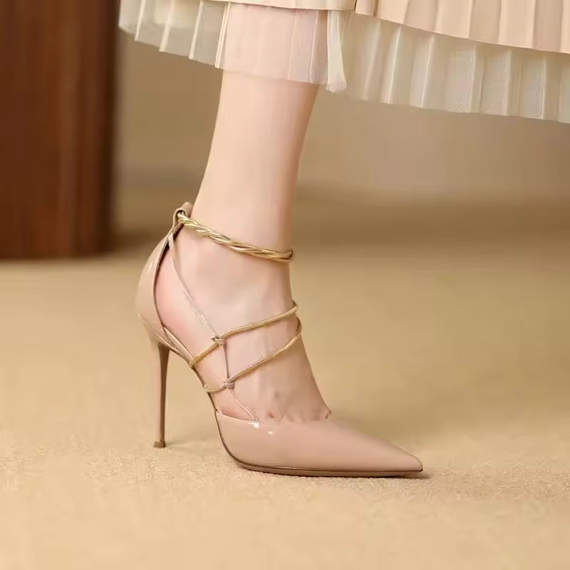 Elegant Metal Chain Pointed toe Patent Leather Stiletto High heels Wedding Banquet Shoes
