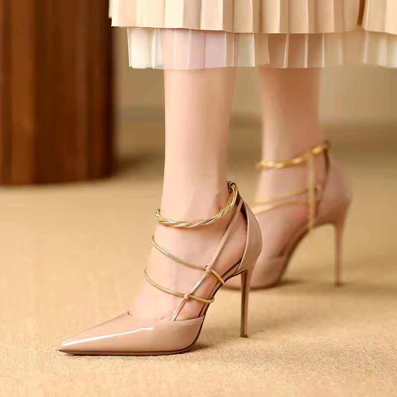 Elegant Metal Chain Pointed toe Patent Leather Stiletto High heels Wedding Banquet Shoes