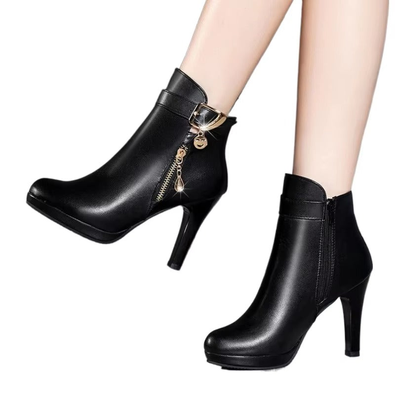 Elegant Metal Decoration Toe High Heeled Leather Boots