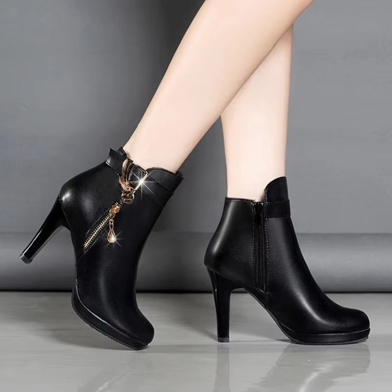 Elegant Metal Decoration Toe High Heeled Leather Boots