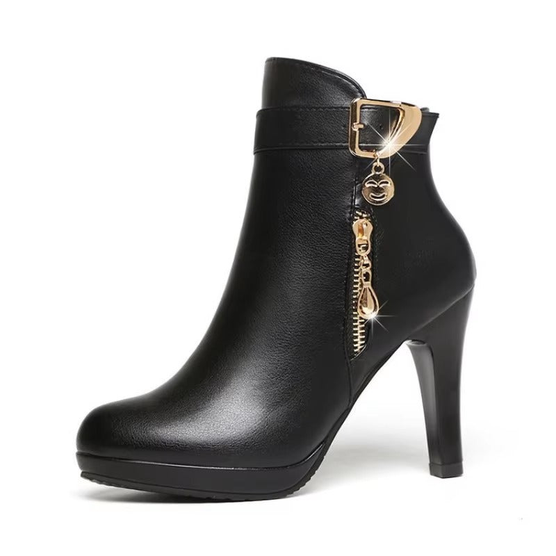 Elegant Metal Decoration Toe High Heeled Leather Boots