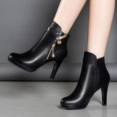 Elegant Metal Decoration Toe High Heeled Leather Boots