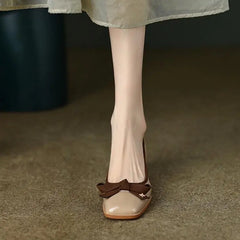 Elegant Microfiber Retro Bowknot Square Toe Thin Heel Sandals