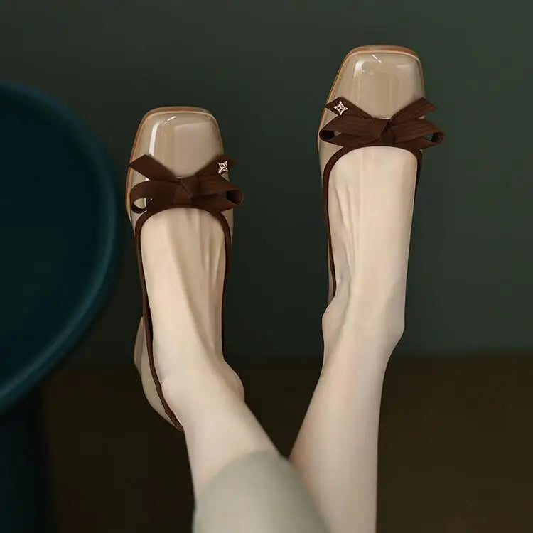 Elegant Microfiber Retro Bowknot Square Toe Thin Heel Sandals