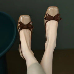 Elegant Microfiber Retro Bowknot Square Toe Thin Heel Sandals