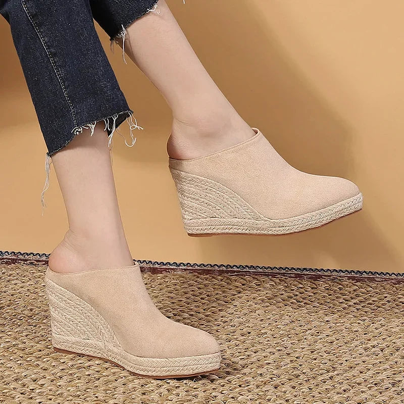 Elegant Microfiber Zipper Shallow Bonded Leather Wedges High Heels Shoes