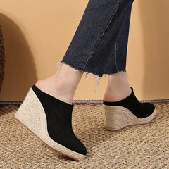 Elegant Microfiber Zipper Shallow Bonded Leather Wedges High Heels Shoes