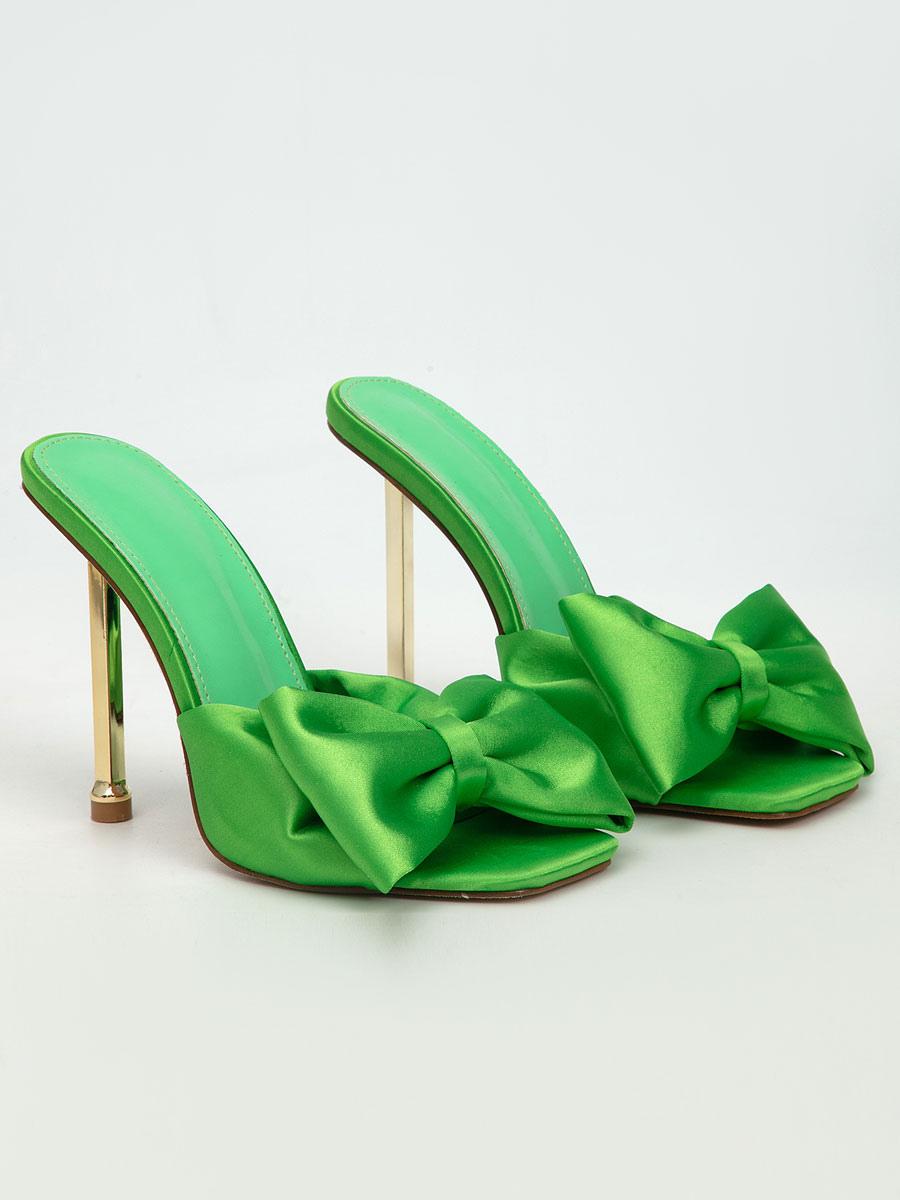 Elegant Polyurethane Mules Bows Stiletto Satin Upper High Heel Sandals