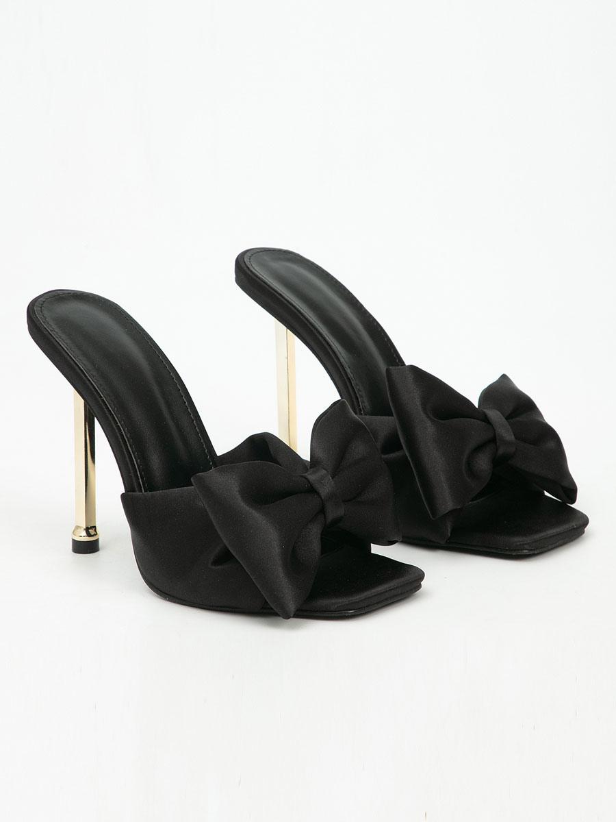 Elegant Polyurethane Mules Bows Stiletto Satin Upper High Heel Sandals