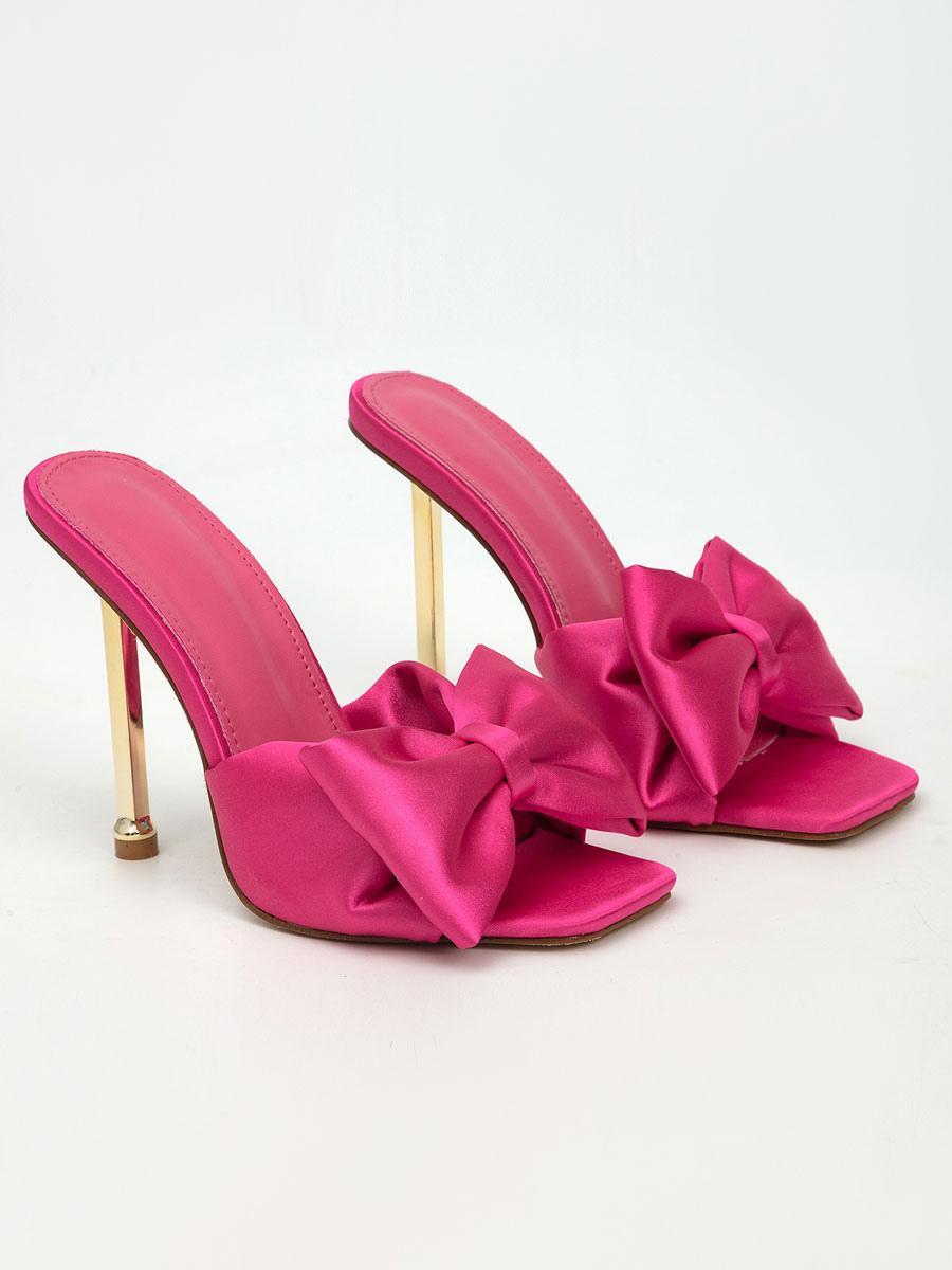 Elegant Polyurethane Mules Bows Stiletto Satin Upper High Heel Sandals