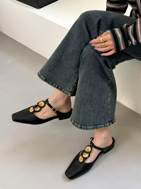 Elegant Mules Square Toe Designed Backless Slip On Flat Sandals