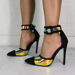 Elegant Multi lights Reflecting PVC Patchwork Ankle Strap Thin High Heel