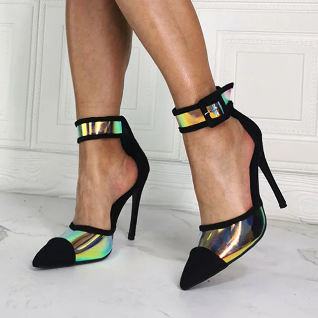 Elegant Multi lights Reflecting PVC Patchwork Ankle Strap Thin High Heel