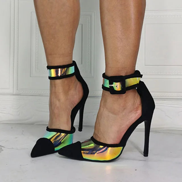 Elegant Multi lights Reflecting PVC Patchwork Ankle Strap Thin High Heel