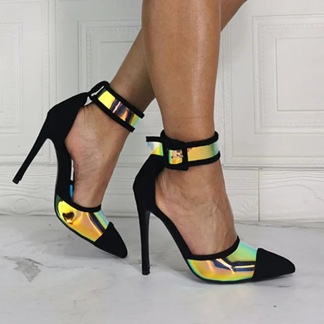 Elegant Multi lights Reflecting PVC Patchwork Ankle Strap Thin High Heel