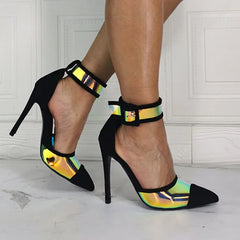 Elegant Multi lights Reflecting PVC Patchwork Ankle Strap Thin High Heel