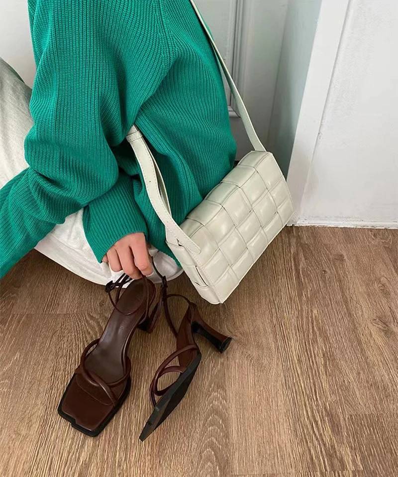 Elegant Buckle Strap Narrow Band Ankle Strap High Square Toe Heel Sandals